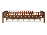 Twin Size Wood Daybed with Trundle and Fence Guardrails, Walnut WF301862AAL