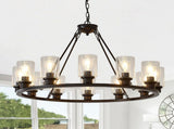 Black Wagon Wheel Chandelier 34.25Inch Modern Farmhouse Glass Pendant Light 12-Light Ceiling Hanging W5008P468521