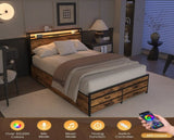 Full Size Bed Frame with 8 Storage Drawers, LED Headboard with Charging Station, Metal Platform Bed W2129P269874