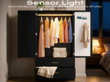 Black Wardrobe Closet with Mirror Door, 2 Doors & 2 Drawers Storage Cabinet with LED Sensor Light, 59491281