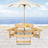 ZNTS Outdoor 6 Person Picnic Table, 6 person Round Picnic Table with 3 Built-in Benches, Umbrella Hole, W2275P149762