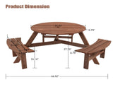 6-Person Circular Outdoor Wooden Picnic Table for Patio, Backyard, Garden, DIY w/ 3 Built-in W142281086