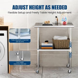 Stainless Steel Table 24 x 30 Inches Metal Work Table Adjustable Undershelves With wheels for W1192P326239
