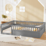 ZNTS Full Floor Bed Frame with Fence, Wood Kids Floor Beds Frame for Bedroom Playroom,Gray W2593P164751