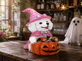 Halloween White Teddy Puppy Figurine, Witch Dog Holding Pumpkin Candy Bowl Decoration 01838696