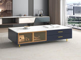 Modern Navy Blue Coffee Table with 2 Glass Door Storage, 4 Drawers, Gold Metal Legs, and Multi-Color N735P167910
