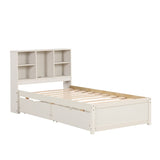 ZNTS Modern Twin Size Bed Frame With Built-in USB Port on Bookcase Headboard and 2 Drawers for White W697P152022