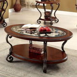 ZNTS Traditional Style Brown Cherry 1pc COFFEE TABLE Open Bottom Shelf Ornate Design Glass Top Living B011P203063