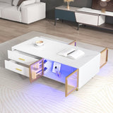 Modern White Coffee Table with 2 Glass Door Storage, 4 Drawers, Gold Metal Legs, and Multi-Color N735P167909