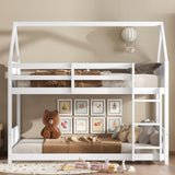 Twin Over Twin House Floor Bed with Headboards, Footboards and Guardrails, Ladder, Rubber Wood W504P227972