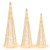 3-Piece Pre-Lit Christmas Cone Trees - 90 Warm White LEDsStar Beaded Strings, Waterproof, 04796158