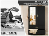 Black Wardrobe Closet with Mirror Door, 2 Doors & 2 Drawers Storage Cabinet with LED Sensor Light, 59491281
