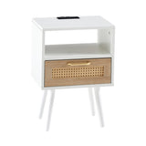 15.75" Rattan End table with Power Outlet & USB Ports , Modern nightstand with drawer and solid wood W126573114