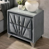 Fully Upholstered Frame 1pc Nightstand Gray Fabric Crystal-like Acrylic Knobs Glass Top Chrome Legs B011P321012