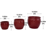 Handmade Ceramic Flower Pot Set of 3, 15/12/10 Inch Diameter, Deep Red with Floral Embossed Pattern, W3273P321489