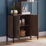 ZNTS Six Shelf Modern Bookcase with Two Door Storage Cabinet with Two Shelves - Dark Brown and Black B107131413