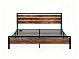 Full Size Metal Wood Platform Bed Frame, 3-Panel Fire Burnt Brown Wood Grain Headboard with LED 77349359