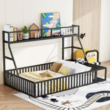 Full Size Floor Bed Frame with Safety Fence, Metal Floor Bed with Desk and Storage Shelves, W1580P240070