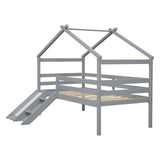 ZNTS Twin Low Loft House Bed with Slide, Ladder, Safety Guardrails, House Roof Frame,Grey 74742872