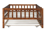 Twin Size Wood Daybed with Trundle and Fence Guardrails, Walnut WF301862AAL