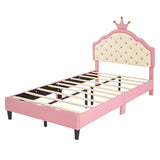 ZNTS Twin Size Lovely Crown Fantasy PU Leather Princess Bed with Tufted Headboard, Pink+Cream N733P198760H