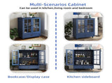 Minimalist Blue Buffet Cabinet with Double Glass Doors and Drawer, Modern Wooden Storage Sideboard W2557P307944