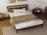 Dark walnut wood painted finish rattan and pine wood double headboard King size bed, Bohemian 01800575