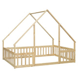 ZNTS Full Wood House-Shaped Floor Bed with Fence, Guardrails,Natural W504P143295