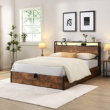 Lift-up Storage Bed Frame, Queen Size Bed Frame with Bookcase Headboard & LED Lights, Wooden W1916P184705