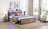 Full Size Bed Frame with Storage Headboard and 2 Drawers, LED Lights Bed with Charging Station, W1916126252