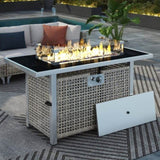 K&K 43" Propane Gas Fire Pit Table, 60000 BTU Rectangular Open Weave Wicker Fire Pit with Glass Wind N707P210158G
