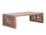 47.2" Rustic Carved Wood Coffee Table Handcrafted Look with Ornate Side Panels, Natural Finish W2729P298156