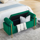Elegant Upholstered Velvet Storage Bench with Cylindrical Arms and Iron Legs for Hallway Living Room W487128012
