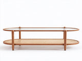 2-Tier Oval Coffee Table, Water Ripple Glass Top, PE Rattan & Iron Frame, 20594720