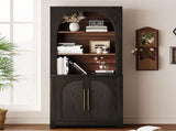 70.87" Black Bookcase, Modern Bookshelf with Large Storage Cabinet, Open Display Shelves and Arched N751P488908B