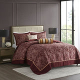 5 Piece Jacquard Bedspread Set with Throw Pillows Burgundy King B03597643