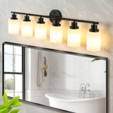 Modern 6-Light Vanity Bathroom Mirror Light, Frosted White Glass with Black Iron Frame, Contemporary W1340P206695