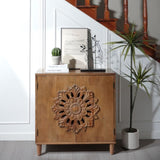 Rustic Hand-Carveden 2-Door Cabinet Boho Accent Storage Cabinet with Floral Design, Solid W2729P239174