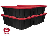 (4 pack)27 Gallon Large Storage Bin with Snap Lid, Black and Red, Heavy Duty Plastic Storage 00667531
