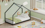 Twin size children's bed frame with LED light strips, roof-shaped iron frame bed, black,78.5" L x W1820P308329