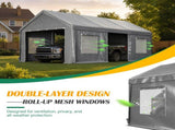 12x20 FT Heavy Duty Carport Canopy, Outdoor Garage with Roll-Up Doors & Mesh Windows, Galvanized W1422P541148