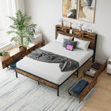 Queen Size Bed Frame with 4 Storage Drawers, Metal Platform Bed with Wooden Headboard and Charging W840134067