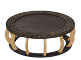 35.43"Vintage Rattan Solid Wood Round Coffee Table, Curved Legs Boho Accent Table for Dining Room, W757P445115