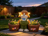 Magnesium Oxide Dog Statue Planter with Solar LED Lights in Ears, Dual Flower Pots Garden Decor, W6572P574589