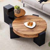 ZNTS Modern Simple Double-Layer Round Coffee Table - Transparent Brown Glass Top with Black MDF L-Shaped W1151P209571