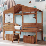 ZNTS Twin Size Low Loft Wood House Bed with Two Drawers, Walnut WF296664AAD