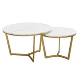 Modern Round Nesting Coffee Table Set 2-Piece White & Marbling Top Gold Base WF320651AAK