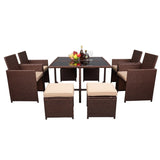 ZNTS 9 Pieces Wood Grain PE Wicker Rattan Dining Ottoman with Tempered Glass Table Patio Furniture Set 19520971