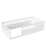 ZNTS Twin Floor Bed Frame with Fence, Wood Kids Floor Beds Frame for Bedroom Playroom,White W2593P164747