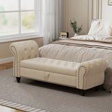 64.5" Bed Bench for Bed Room Nails Tufted Chaise of Lounge with Storage Velvet Upholstery Beige W1097P202874